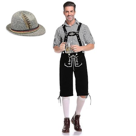Bayersk Oktoberfest- set för män för utklädningsfest och ölfestival - Traditionell ederhosen, skjorta och hatt för Halloween-kostym