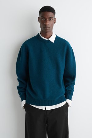 COS Men's Boiled Wool Crew Neck Jumper in Turquoise