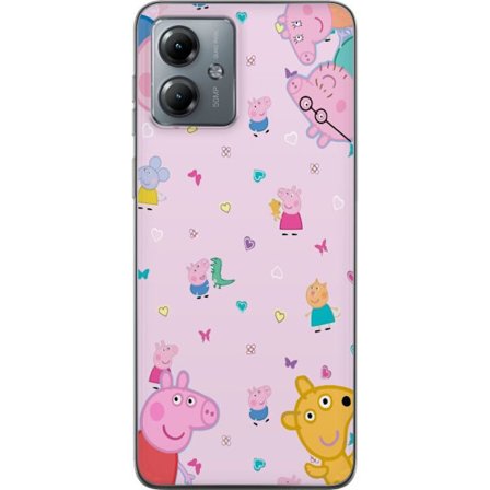 Kompatibel Mobilcover til Motorola Moto G14 Peppa Gris med en baby i armene, morgris motiv i farverig og blød børneillustration med hjerter