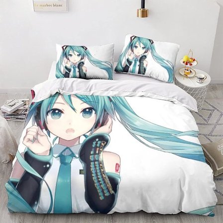ALXFFBN Hatsune Miku Dynebetræk Sengesæt 3D Anime Figurer Dynebetræk Dobbelt Størrelse, Blødt Mikrofiber Vendbart Dynetæppe Farve, Mikrofiber Børn
