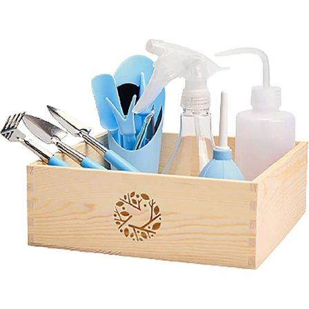 Set med 14 Mini Växtverktyg med Trä Trädgårdslåda Suckulenter Blå