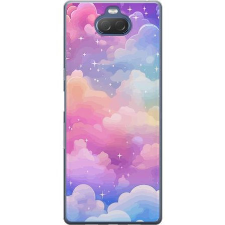 Kompatibelt Mobildeksel til Sony Xperia 10 Plus Søt enhjørning med regnbuefarget hår mot en stjernebelagt pastellbakgrunn i kawaii-stil