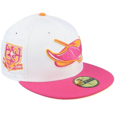 New Era - MLB White fitted Caps - Tampa Bay Rays Flamingo Peach 59FIFTY White/Orange/Pink Fitted @ Hatstore