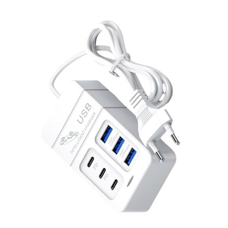 6-i-1 Grenuttag 2-stift Platt med Hål/Rund Kontakt Laddningsuttag Eluttag 3st USB-Portar & 3st Typ C-Gränssnitt