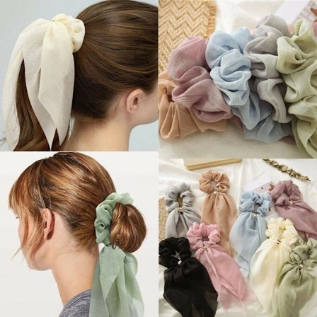 Chiffon Long Ribbon Scrunchie Double Laye Hair Scarf Rubber Band Hair Tie Rings