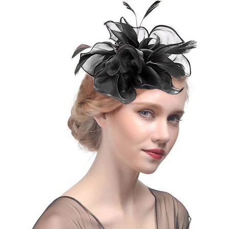 Fjer Fascinators til Kvinder og Piger Blomst Organza Derby Hat Ascot Hatte Elegant Cocktail Te Selskab Hat Hovedbeklædning med Klips & Hårbånd (Sort)