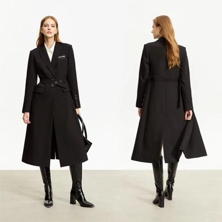 Minimalistisk 2023 trenchcoats för kvinnor Vinter Ny Slim-fit Långt bälte blazerkrage Solid damjackor med bred midja 12344040 black M