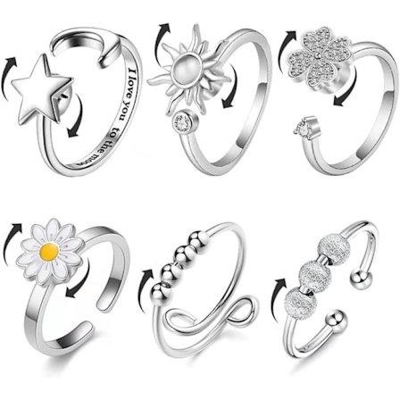 6 Justerbara Stressreducerande Ringar Fidget Ringar mot Ångest - Set med Sol, Stjärna, Måne, Tusensköna och Fyrklöver