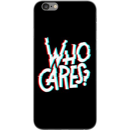Yhteensopiva Puhelinkuori Apple iPhone 6 Plus Glitch typografia, jossa teksti "who cares" on punaisella ja syaanilla mustalla minimalistisella tausta