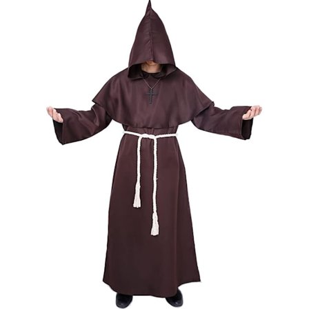 Munkdräkt, medeltida munk med huva, renässanspräst, mantel, kostym, Halloween och kostym brun