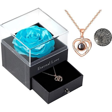 Bevarad riktig ros med Love You-halsband i 100 språk presentset, förtrollad riktig rosblomma för
