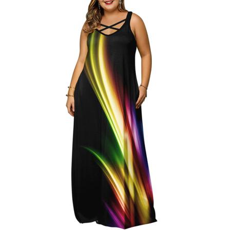 Plus Size Summer Print Maxiklänning Boho Lös Casual Ärmlös