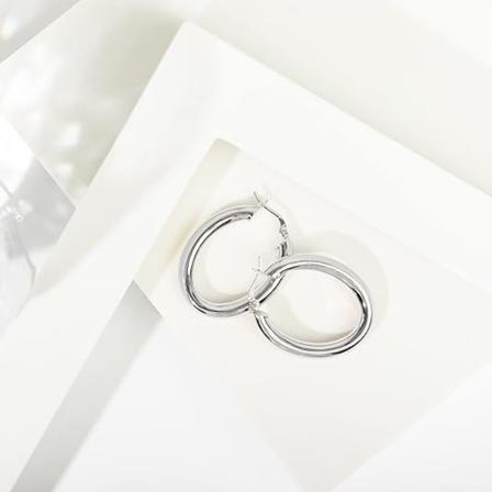 14K guldpläterade Sterling Silver Lättvikts Chunky Oval Hoop Örhängen för kvinnor, vitguld