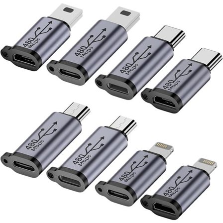 USB C til Micro USB-adapter, Type C/Micro USB hunn til Lightning hann-konverter, Micro USB til USB C-forlenger (8-pakning)