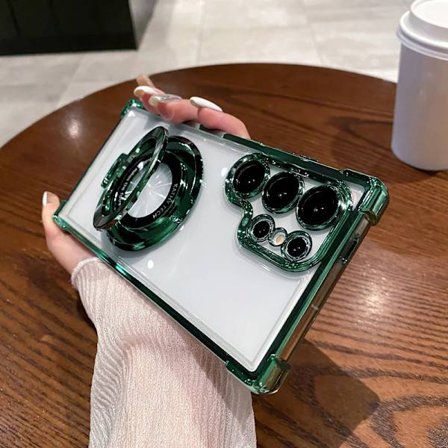 Four Corners Anti Drop Transparent Elektropläterat Magnetiskt Ställ Skyddsfodral kompatibelt Samsung Galaxy S25 S24 S23 S22 Ultra Plus FE