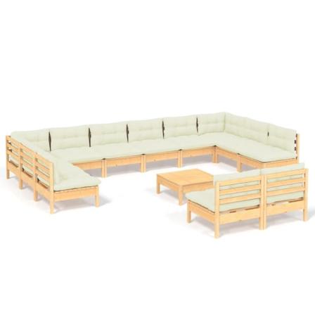 Vidaxl Loungegrupp Med Gräddvita Dynor 13 Delar Massiv Furu Creme