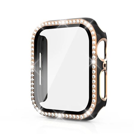Bling Glass+ cover til Apple Watch Case 45mm 41mm 40mm 44mm 42mm 38mm Diamant stødfanger+skærmskydd iwatch serie 7 9 8 5 6 SE A black ro A black ro