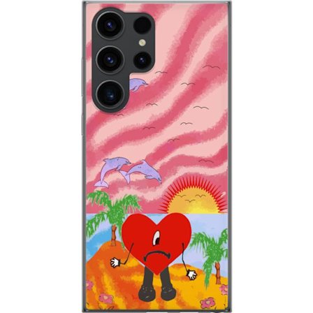 Kompatibelt Mobildeksel til Samsung Galaxy S24 Ultra Bad Bunny i en fargerik quiltet jakke med hjertemønster og solbriller i moderne gatestil