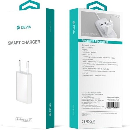 iPhone, Samsung Smart Charger 1Amp vægoplader - Devia Hvid