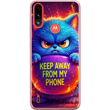 Kompatibel Mobilcover til Motorola Motorola Moto E7 Power Vred luvat blå kat med teksten "Hold dig væk fra min telefon" i neonfarver og ildlignende