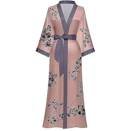 Lang silke kimono badekåpe for kvinner, blomstret, silkemyk sateng, lett, myk og komfortabel dame morgenkåpe loungewear, rosa TA