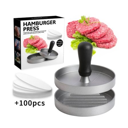 Hamburgare Press Patty Maker, Livsmedelsklassad Aluminium Non-Stick BBQ Patty Form med Avtagbart Handtag, Non-Stick, med 100 st Vax Patty Papper