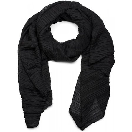 Damehalstørklæde ensfarvet med fint kreppet overflade, let sjal, plisseret, foldede folder sort 180cm