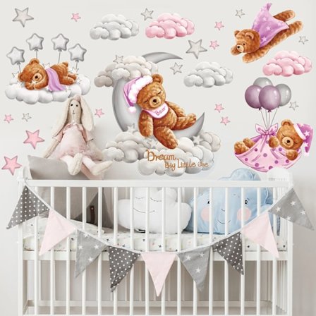 Tedy Bear Moon Stars Wall Stickers, Wall Decals, Nursery Decor for Kids Baby Girl Room Bedroom Living Room Playroom Decorations