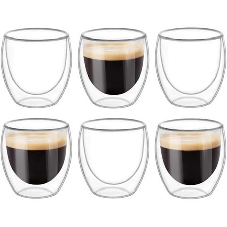 6 kpl Kaksiseinäisiä lasimukeja, Läpinäkyviä kaksiseinäisiä kahvikuppeja, Kaksiseinäisiä, Cappuccino, Latte ja Eristettyjä (80ml)[YDE]