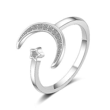 S925 Sterling Silver Crescent Moon And Star Ring Syntetisk Opal Öppen Ring Justerbar Ring Gåva Till Kvinnor_Överraskning