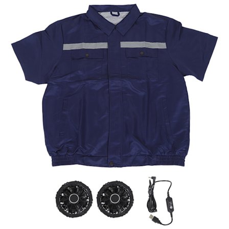 4XL Kjøleventilator Kortsermet med Dobbel Ventilator Solbeskyttelse Kjøling Kjølejakke for Utendørs Blå