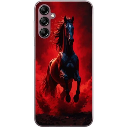 Yhteensopiva Puhelinkuori Samsung Galaxy A14 5G Voimakas musta hevonen punaisissa pilvissä ja pölyssä, dramaattinen valaistus, intensiivinen liike ja