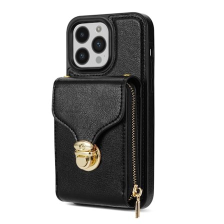 Etui til iPhone 13 mini sort uden lanyard lynlås crossbody spænde pung stativ multi kort fuld p