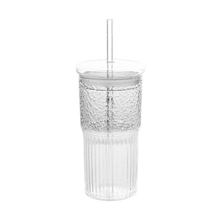 600 ml glasskopp melk kaffekopp med lokk og sugerør transparent stripe vannkopp krus drikkeglass-FA-