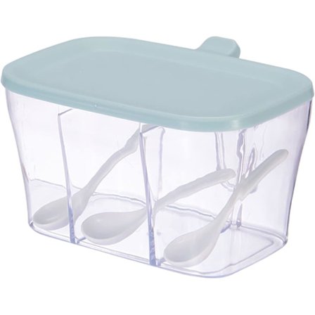 3-osainen läpinäkyvä maustelaatikko, maustepurkki kannella ja lusikoilla, maustepurkit, keittiön maustepurkit, mausteteline