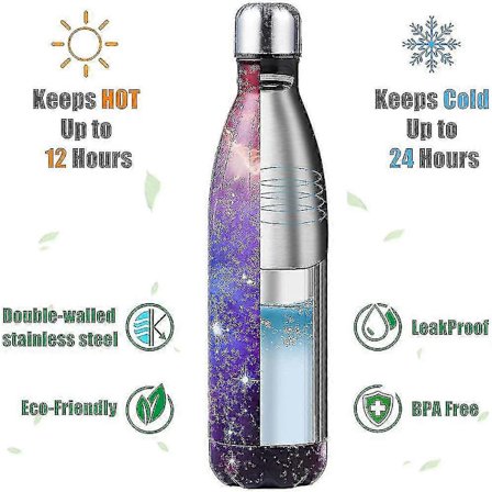 Metal vandflaske 0,5 liter. Vakuumisoleret, lækagesikker drikkeflaske. BPA-fri.