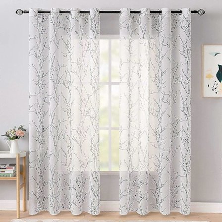 2-panels gardin med grenmönster, tryckt genomskinlig gardin, slät, elegant, hållbar dekor 140x213 cm (L x H) svart