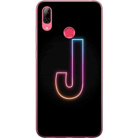 Kompatibelt Mobilskal till Huawei Huawei Y7 (2019) Minimalistisk neonbokstav J i färgskiftande ljus mot svart bakgrund
