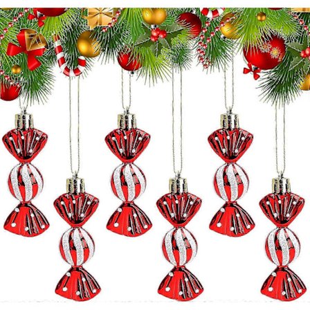 6 stk. Mini julekugler formet som slik, rød snor til ophængning på juletræ, mini slikformede kugler, skinnende og glitterpyntet til feriebryllup