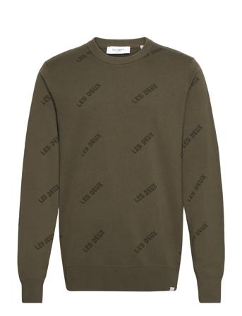 Les Deux Logo Cotton Knit Tops Knitwear Round Necks Khaki Green Les Deux