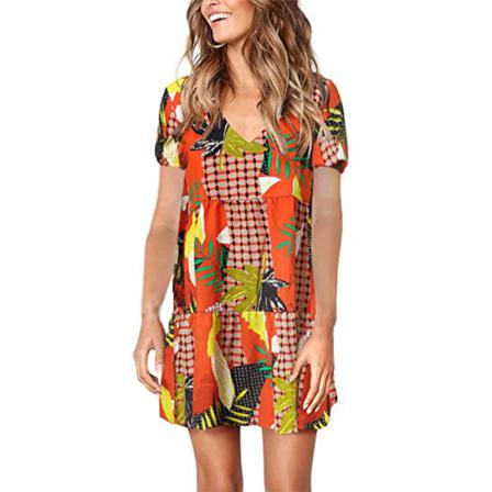 Kvinnor V-ringad Sommar Sexig Klänning Kortärmad Layered Print Pocke