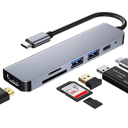 USB C Hub, Multiport USB C-adapter för MacBook Pro, 6-i-1 USB C till HDMI-hubb (4K HDMI USB3.0 USB2.0 SD/TF-kortläsare 87W PD)