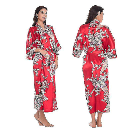 Floral Satin Kimono Morgenkåpe - Elegant Nattøy for Kvinner L Rød