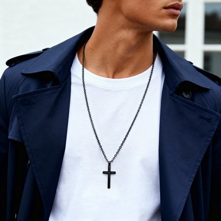 Collier à pendentif croix en acier inoxydable noir pour hommes - Chaînes en acier