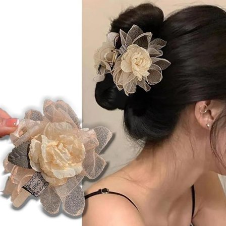 Hårklemme med blomst, blondekantede klo-klemmer til kvinder og teenagere, rose- og kamelia-hår-tilbehør, skridsikkert greb til tykt hår, vint