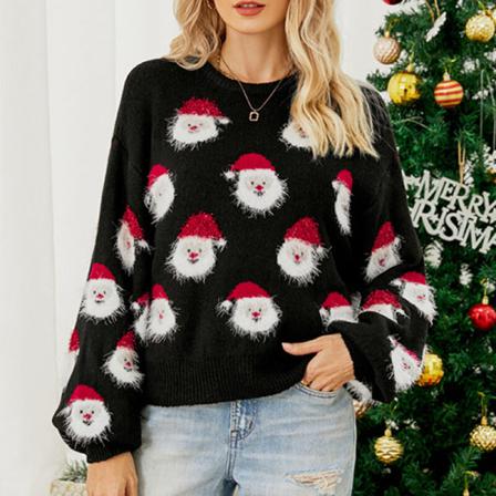 Kvinnor Santa Print Sweater Crew Neck Christmas Stickade Tröjor