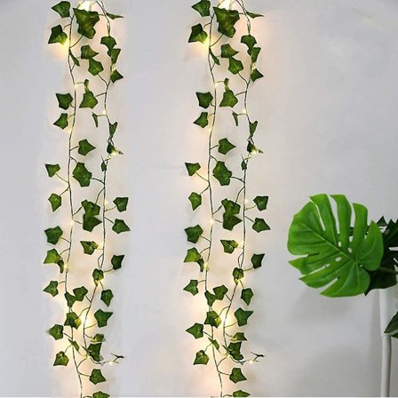 Kunstig Efeu, 2 stk. 2m Blad Fe Lys, Kunstige Planter med 20 LED'er