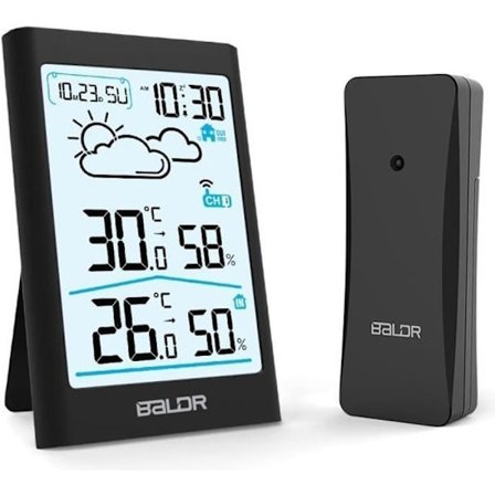 (Svart) BALDR B0341 Trådløs værstasjon klokke HD-skjerm 20s bakgrunnsbelysning med utendørs sensor svart