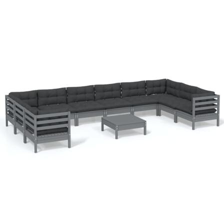 Vidaxl Loungegrupp Med Dynor 11 Delar Grå Massiv Furu Grå