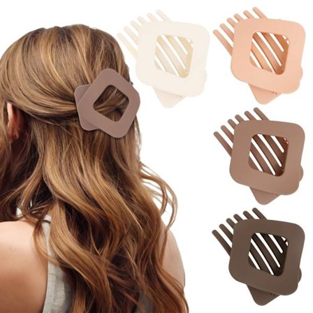 4-delt sett med store flate hårklemmer, inkludert alligator-klemmer og firkantede kloklemmer, egnet for fint, medium og tykt hår.